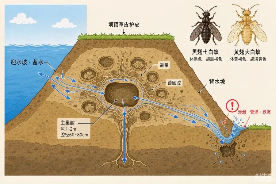 堤坝白蚁危害原理示意